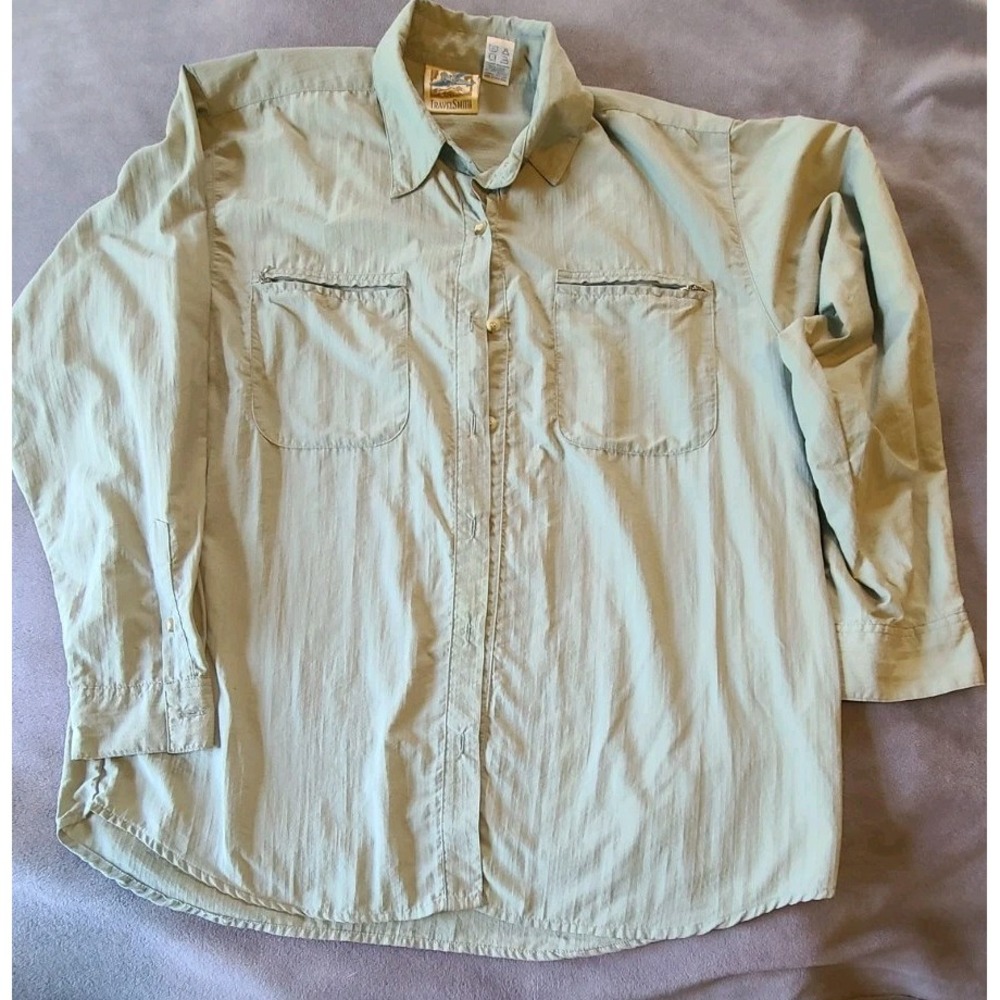 TravelSmith Men's Long Sleeve Nylon Travel Shirt Green Button Front Size L